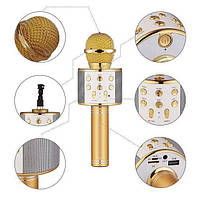 Bluetooth мікрофон-караоке WS-858 з динаміком (колонкою), слотом USB і FM тюнером (Рожевий)