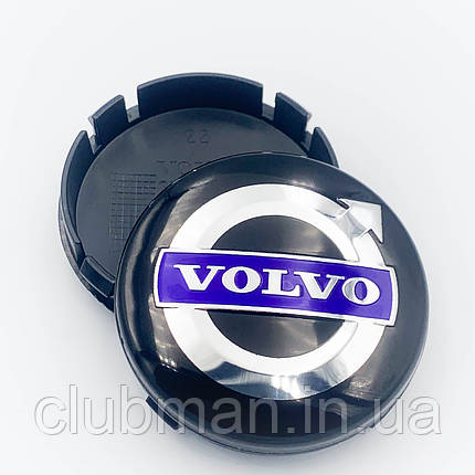 Ковпачки (заглушки) на литі диски VOLVO (Вольво) 64 мм Синій лого, Чорні, фото 1