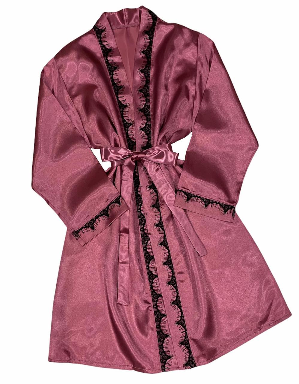 Ніжний жіночий халат з атласу теракотовий, розмір 42-44