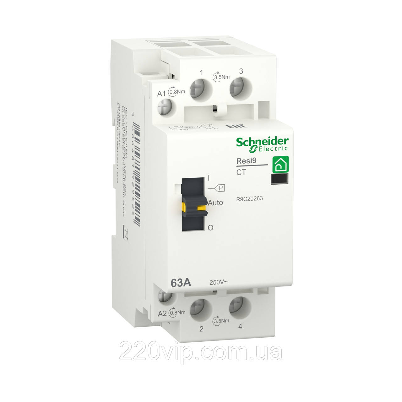 КОНТАКТОР RESI9 1P+N 63A 2NO ~230В/50Гц Schneider Electric, модульний R9C20263, магнітний пускач, Шнайдер