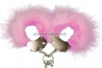 Металеві Наручники Adrien Lastic Handcuffs, з рожевою обробкою пухнастою