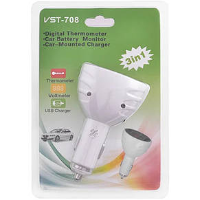 Термометр-вольтметр VST 708, зелений/черв. цифри, +2 USB, фото 2