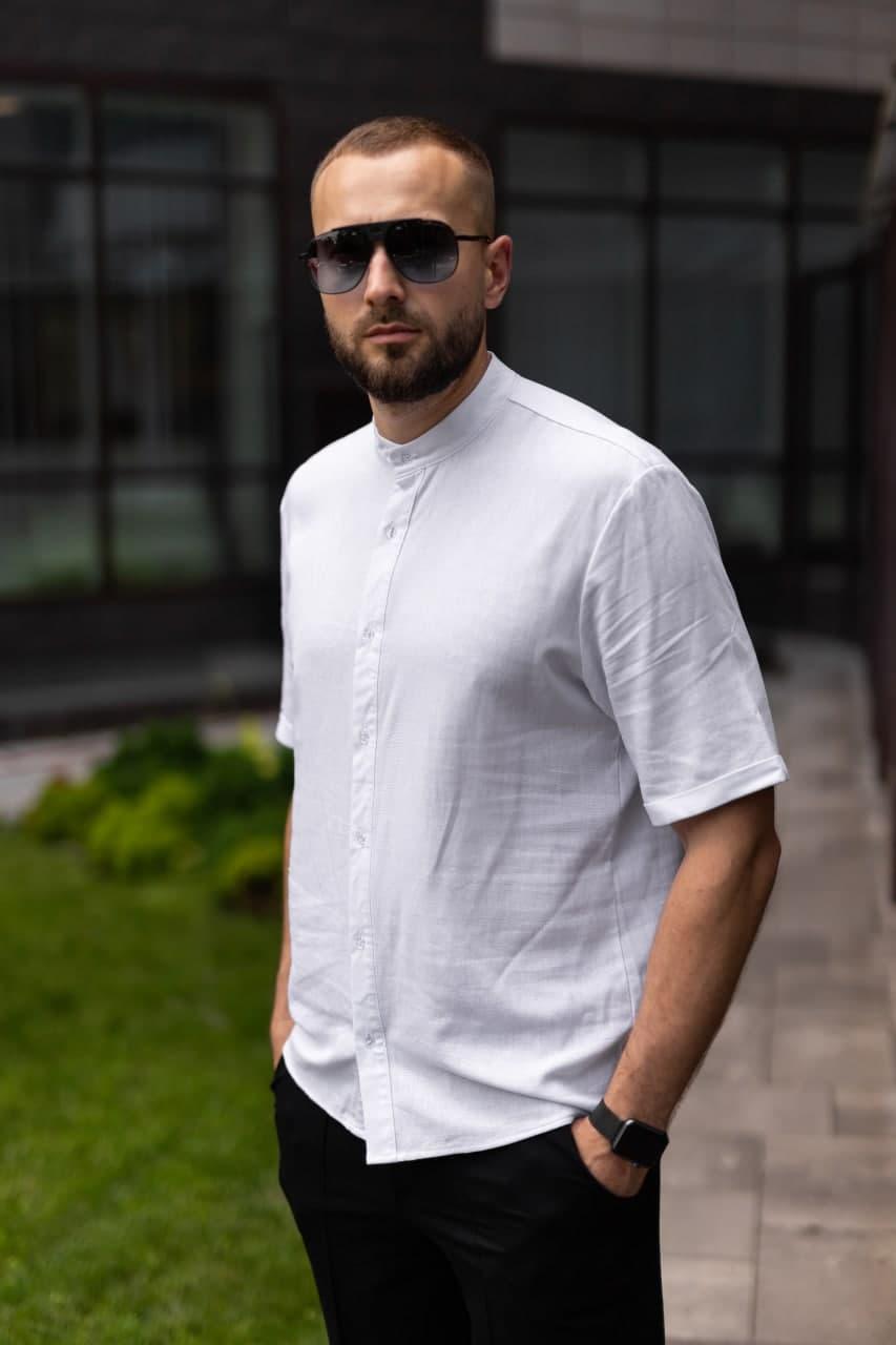 Мужская льняная рубашка белая с коротким рукавом S M L XL XXL (46 48 50 ...