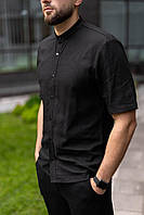 Мужская льняная рубашка чёрная с коротким рукавом S M L XL XXL (46 48 50 52 54)