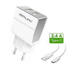 Мережевий зарядний пристрій Brum S005 5V 2,4 A 2*USB + USB Type-C кабель