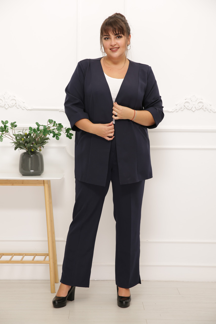 Класичний жіночий костюм розмір плюс жакет+штани з костюмної тканини Чіа темно-синій  (52-62)