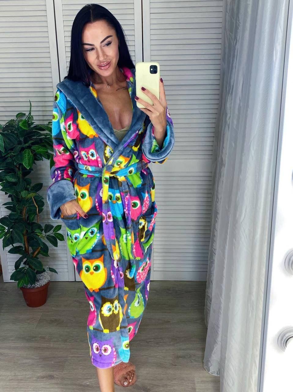 Теплий довгий жіночий халат із капюшоном Сови, фото 1