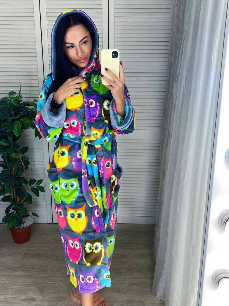 Теплий довгий жіночий халат із капюшоном Сови
