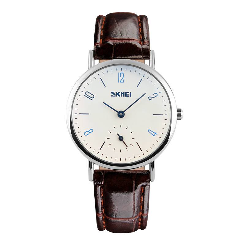 Skmei 9120 сріблясті з коричневим ремінцем жіночі класичні годинник