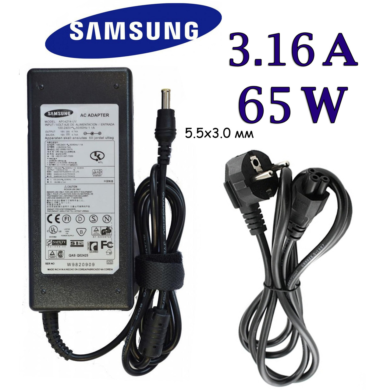 Зарядний пристрій для ноутбука Samsung NP305V5A 19V 3.16A 60W 5.0х3.0 мм / 5.5х3.0 мм Блок живлення Самсунг