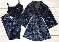 Стильный набор женской одежды для дома и сна Халат + штаны + майка с кружевом.