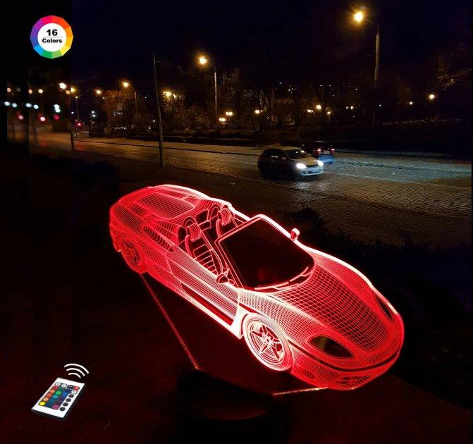 3D нічник "Автомобіль 3" (ВОЛІЧНЕ ЗОБРАЖЕННЯ) + пульт ДК + мережевий адаптер + батарейки (3ААА) 3DTOYSLAMP, фото 1