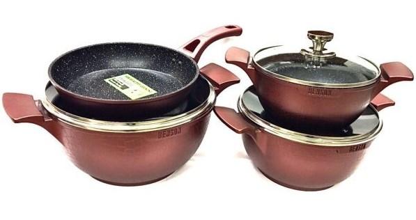 Набір каструль Benson BN-345 з кришками та сковорідкою з мармуровим покриттям 7 предметів Червоний, фото 1