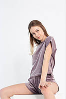 Женская велюровая пижама шорты + футболка лиловая, Женский спальный комплект для сна и дома лиловый цвет