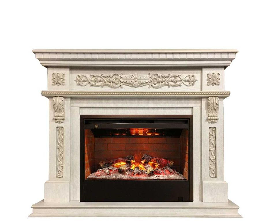 Класичний каминокомплект Fireplace Конго Білий дуб з ефектом живого вогню зі звуком і обігрівом