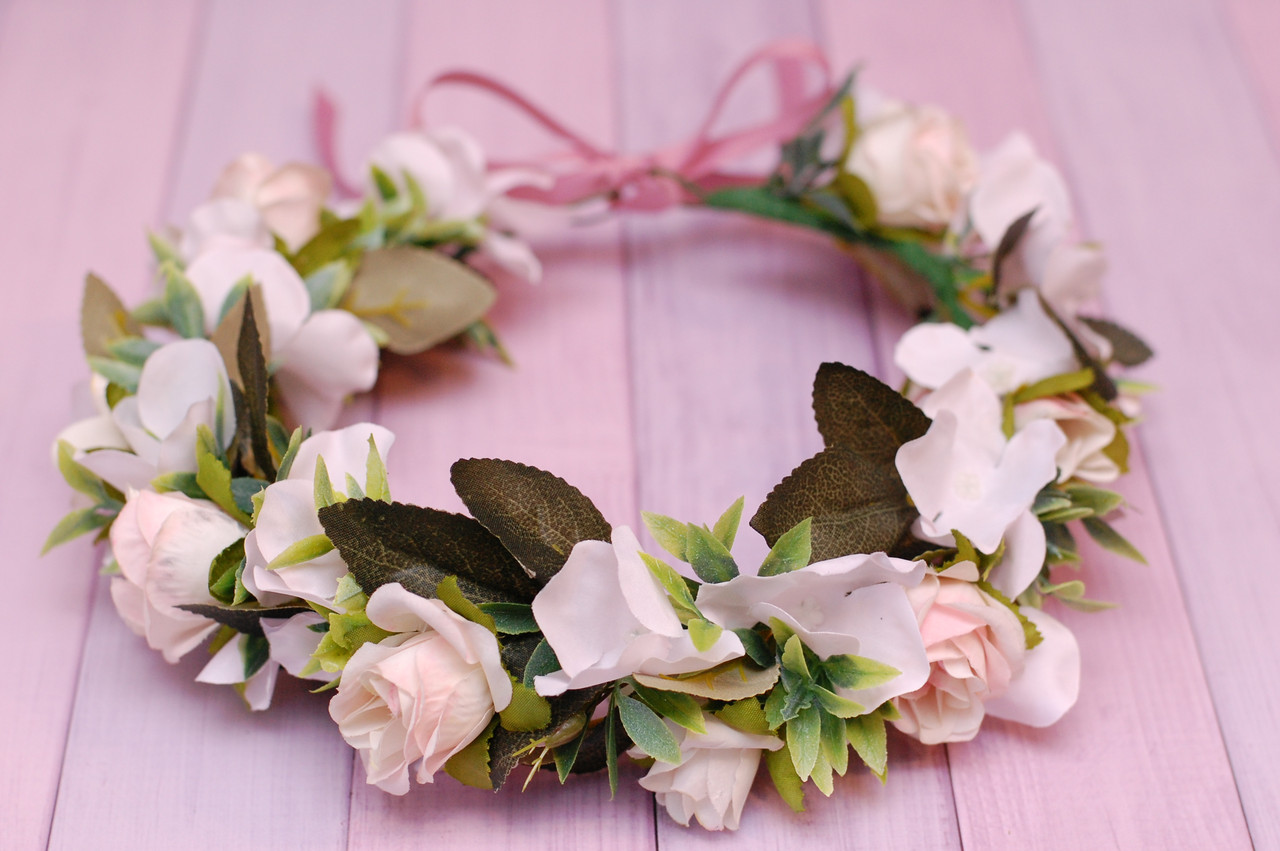 Вінок для волосся / віночок на голову з квітами блідо-рожевий 463 Об, фото 1