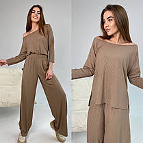 Костюм жіночий з трикотажу рубчик кофта з вирізом човник з розрізами з боків і брюки труби Da3935, фото 5