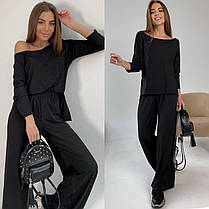 Костюм жіночий з трикотажу рубчик кофта з вирізом човник з розрізами з боків і брюки труби Da3935, фото 4