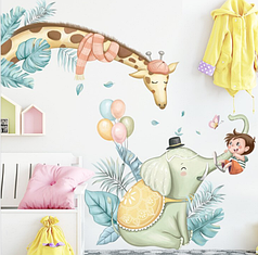 Наклейка Хлопчик веселиться з жирафом і слоном (лист 60 х 90 см) Б325 DXDL-AB