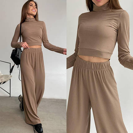 Жіночий трикотажний костюм кроп топ і широкі брюки з ідеальною посадкою Da3939, фото 1