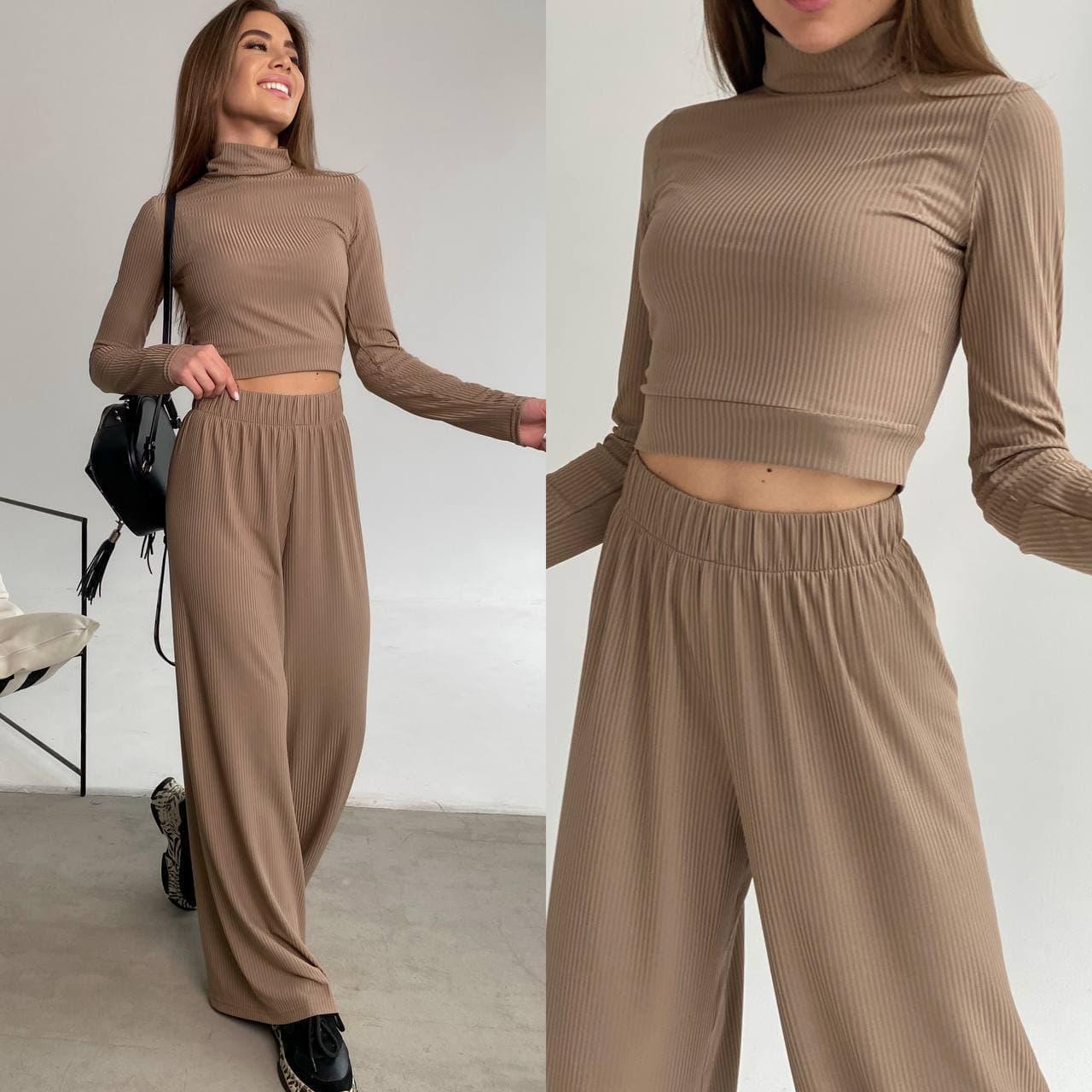 Жіночий трикотажний костюм кроп топ і широкі брюки з ідеальною посадкою Da3939