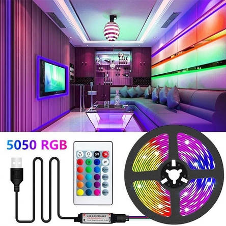 Світлодіодна стрічка 5050 RGB 2 метри для фонового підсвічування телевізора з пультом, фото 1