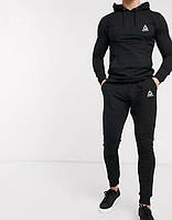 Теплый мужской спортивный костюм Reebok с капюшоном (Рибок) черный ФЛИС (до -25 °С)