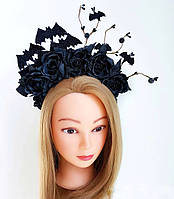 Обруч ободок с черными розами и летучими мышами для тематической вечеринки в стиле Хэллоуин