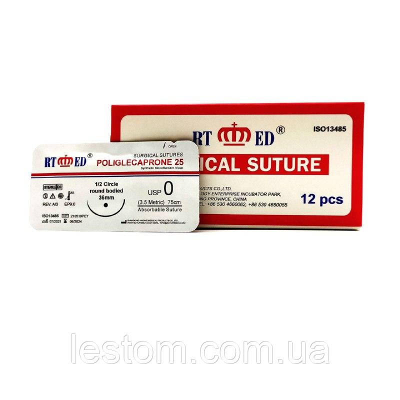 Поліглекапрон RT-med USP 0 (EP 3,5) з кол. голкою 36мм 1/2 кола
