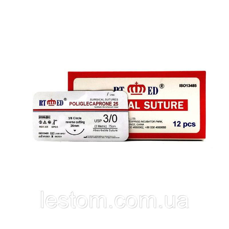 Поліглекапрон RT-med USP 3/0 (EP 2) зі звор. ріж голкою 26мм 3/8 кола