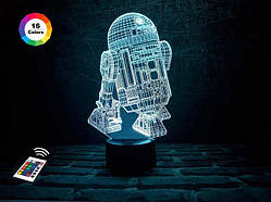 3D нічник "R2D2" (ВОЛІЧНЕ ЗОБРАЖЕННЯ) + пульт ДК + мережевий адаптер + батарейки (3ААА)  3DTOYSLAMP