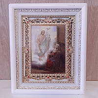 Ікона Благовіщення Пресвятої Богородиці, лик 15х18 см, в білому кіоті з камінням