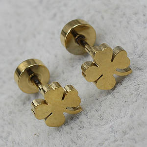 Сережки-цвяшки пуссети золотисті з медичної сталі від Stainless Steel листочки конюшини розмір 6х6 мм