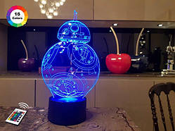 3D нічник "BB 8" (ВОЛІЧНЕ ЗОБРАЖЕННЯ) + пульт ДК + мережевий адаптер + батарейки (3ААА)  3DTOYSLAMP