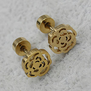 Сережки-цвяшки пуссети золотисті з медичної сталі від Stainless Steel трояндочки розмір 6х6 мм