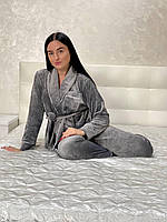 Велюровая плюшевая женская пижама на запах с брюками домашний костюм размер 44,46,48,50 Серый
