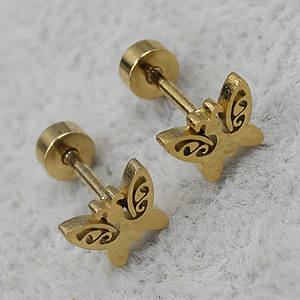 Сережки-цвяшки пуссети золотисті з медичної сталі від Stainless Steel метелики розмір 6х6 мм