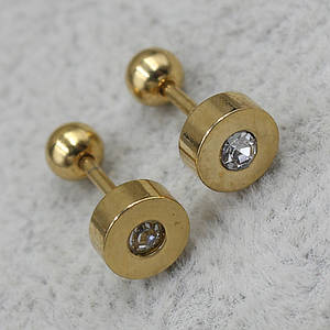 Сережки пумери, що закручуються 6х6 мм, золотисті з медичної сталі від Stainless Steel круг із кристалом
