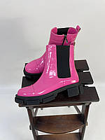 Эксклюзивные женские деми ботинки кожаные лаковые яркие розовые. Осенние ботинки кожа 37