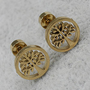 Сережки-цвяшки пуссети золотисті з медичної сталі від Stainless Steel дерево життя розмір 6х6 мм
