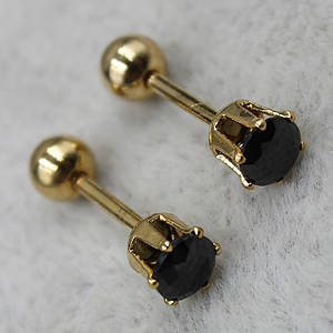 Сережки пускети закручуються 4х4 мм золотисті з медичної сталі від Stainless Steel з чорним кристаликом