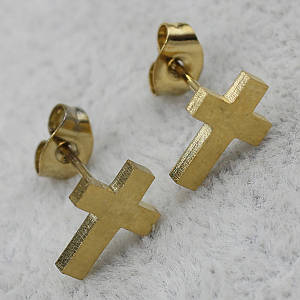 Сережки-цвяшки пусети золотисті з медичної сталі від Stainless Steel хрестики розмір 9х7 мм