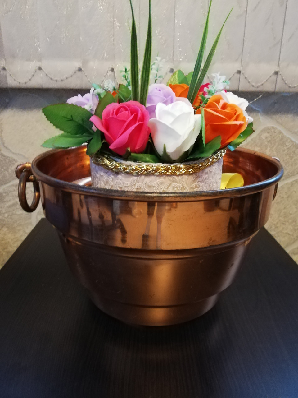 Мідний вазон з ручками (карбування), кашпо, відро, декор