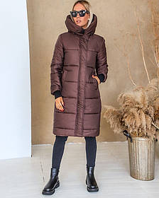 Коричнева тепла жіноча куртка-пальто з капюшоном на змійці 11-246-2