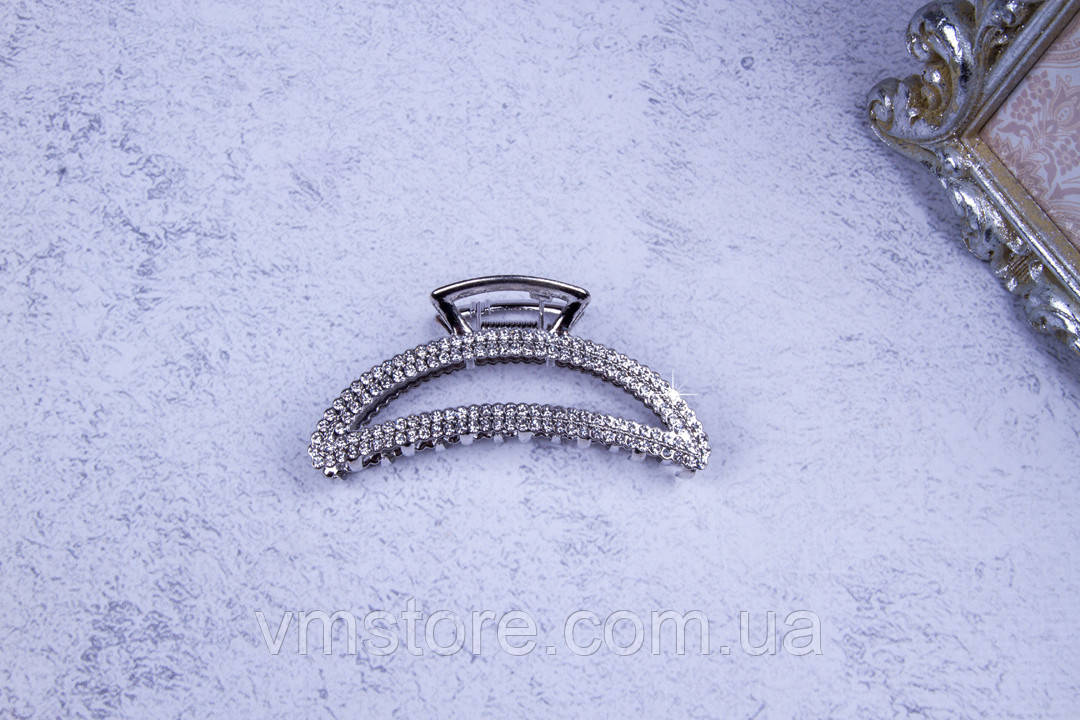 Крабик металевий півмісяць срібло, краб зі стразами, 7,5 см, фото 1