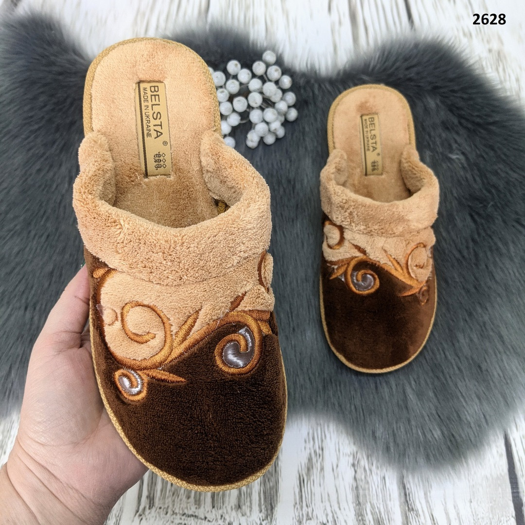 Хатні капці жіночі Белста із закритим носком махрові, коричневі з бежевим