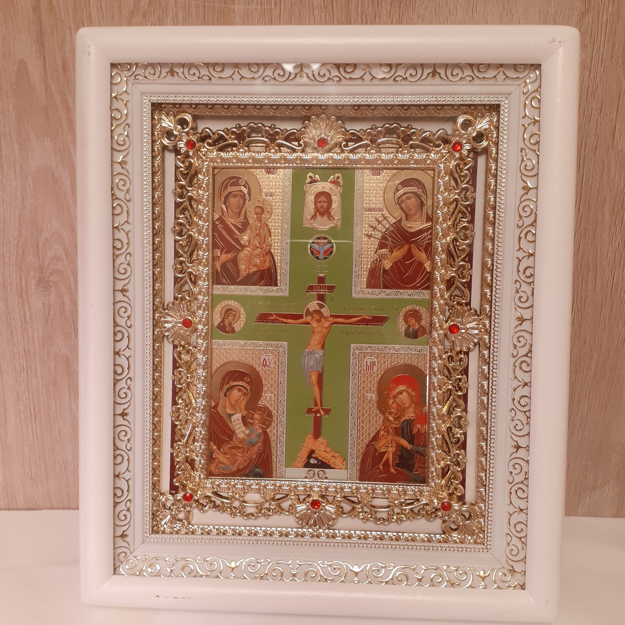 Ікона Чотиричастинна, лик 15х18 см, в білому кіоті з камінням, фото 1