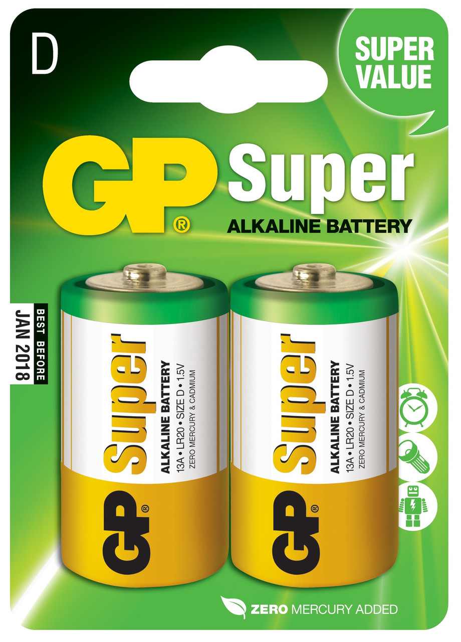 Батарейка лужна GP 13A-U2 Super Alkaline D LR20 (блістер)