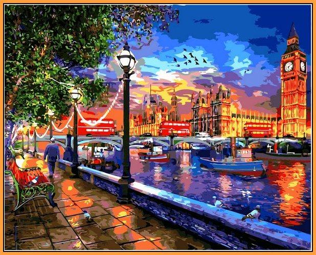 Картини по номерам 40х50 см. Babylon Premium (кольорове полотно + лак) Вечірня Темза (NB 1275 )