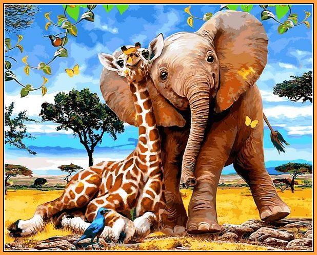 Картини по номерам 40х50 см. Babylon Premium (кольорове полотно + лак) Слоненя і жираф (NB 1318)
